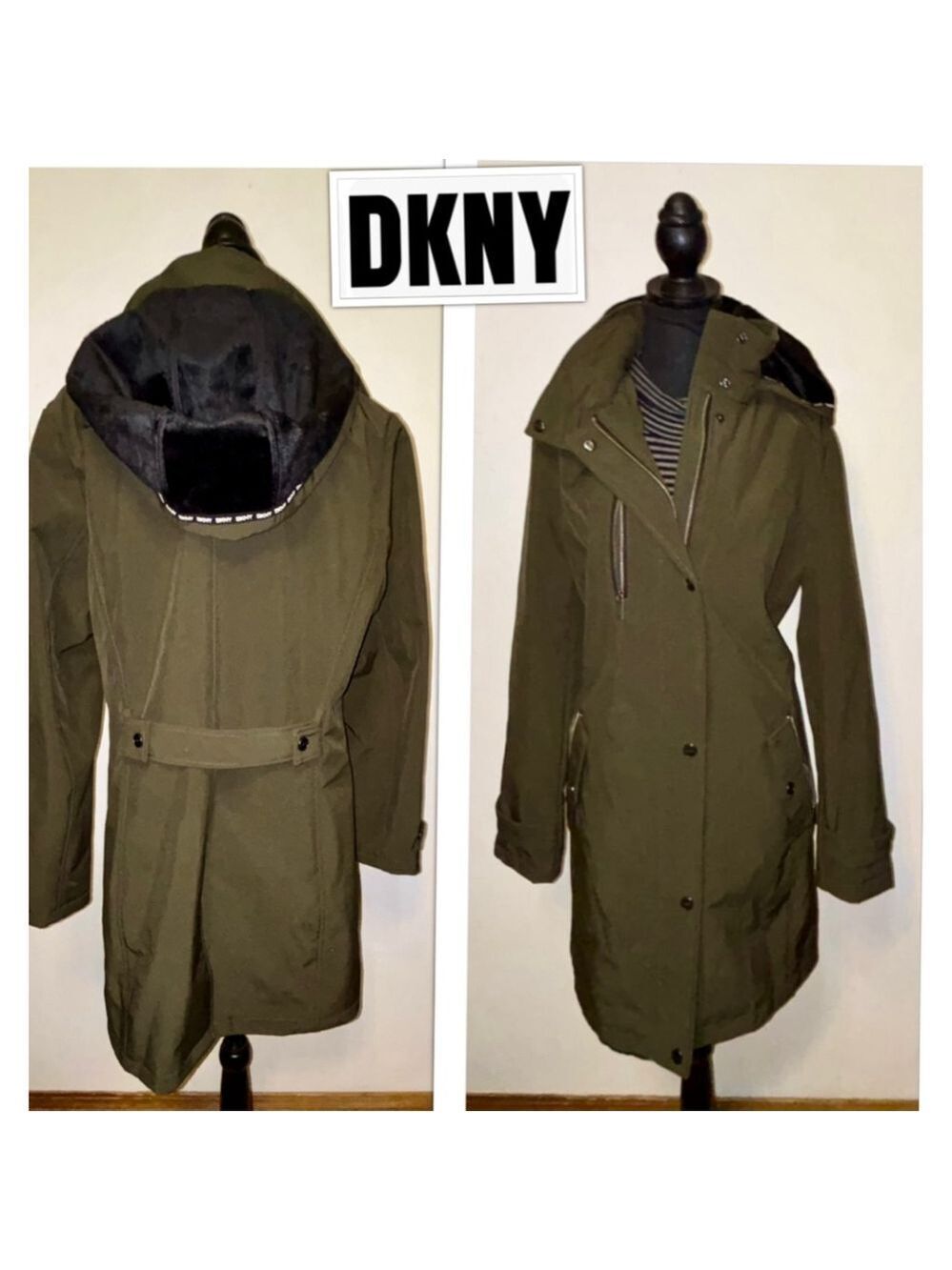 DKNY Military Grunge Faux Fur Lined Cargo Trench Coat Hooded size LG